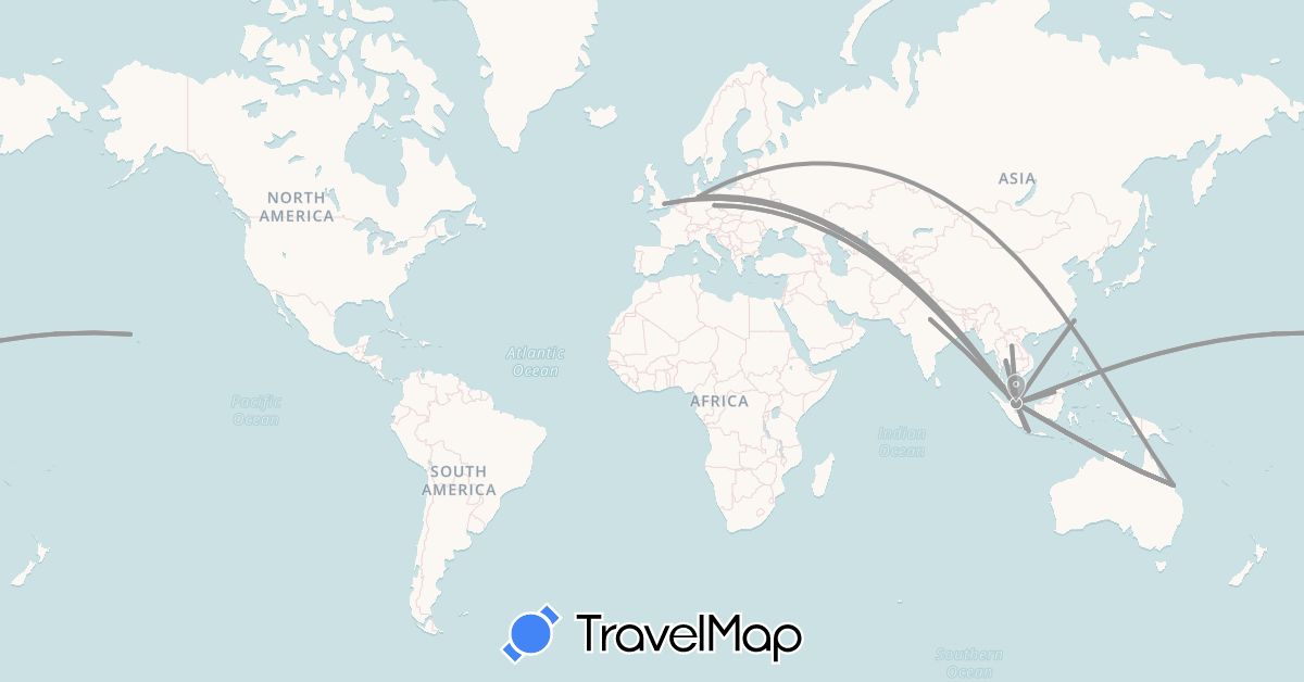 TravelMap itinerary: driving, plane in Australia, Brunei, Germany, United Kingdom, Indonesia, India, Laos, Malaysia, Singapore, Thailand, Taiwan, United States (Asia, Europe, North America, Oceania)